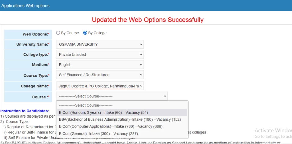 dost 2024 admission web options